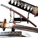 Japanese Samurai Sword Katana Clay Tempered Full Tang Real Sharp Blade Folded 1095 High Carbon Steel Leather Scabbard with Belt