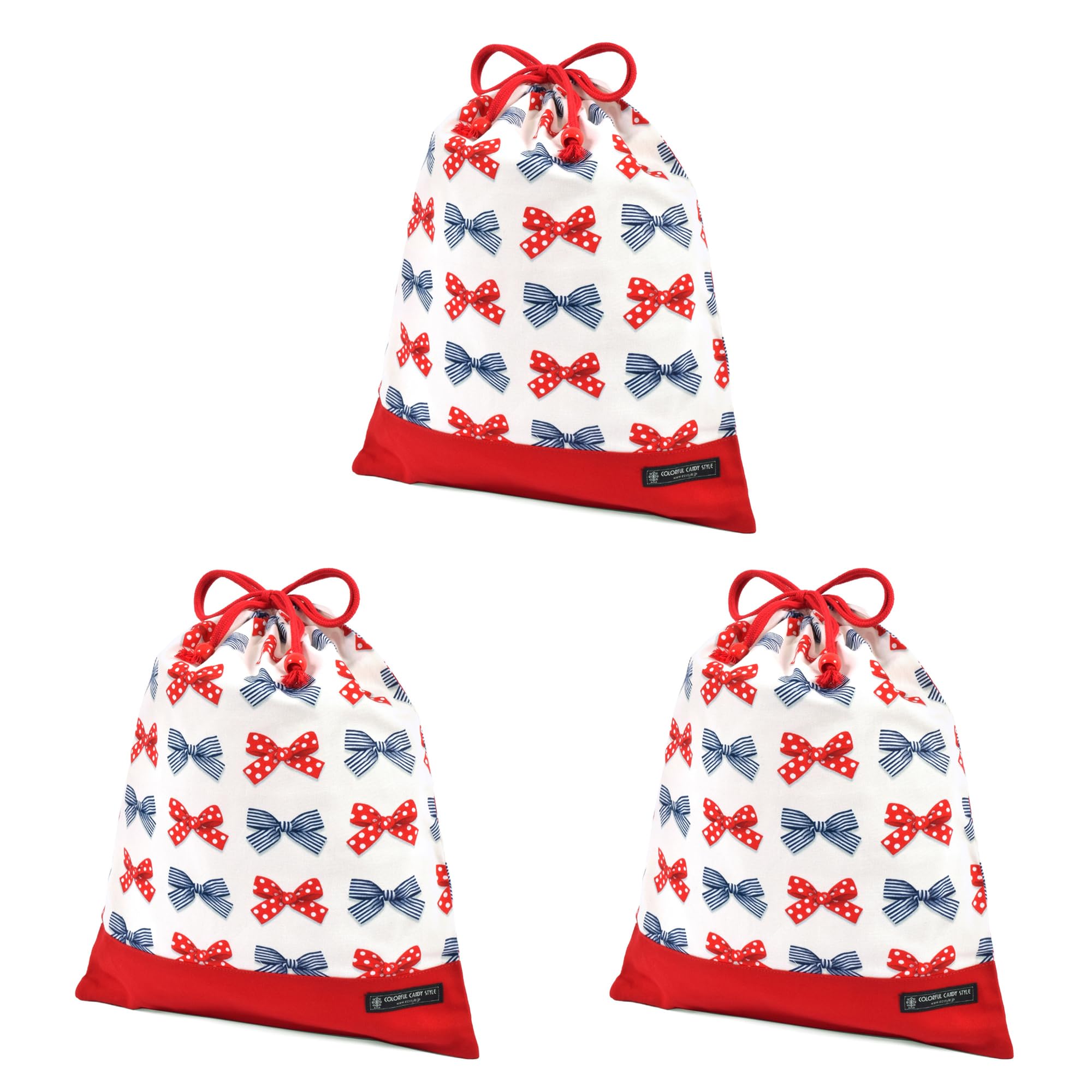 COLORFUL CANDY STYLE 巾着 大 体操服袋(ネームタグ付き) 持ち手マチ付き ポルカドットとストライプのフレンチリボン(アイボリー) 3枚セット 女の子 かわいい 体操服入れ 体操着袋 着替え 運動着 幼稚園 子供 キッズ 幼児 N3374303商品画像