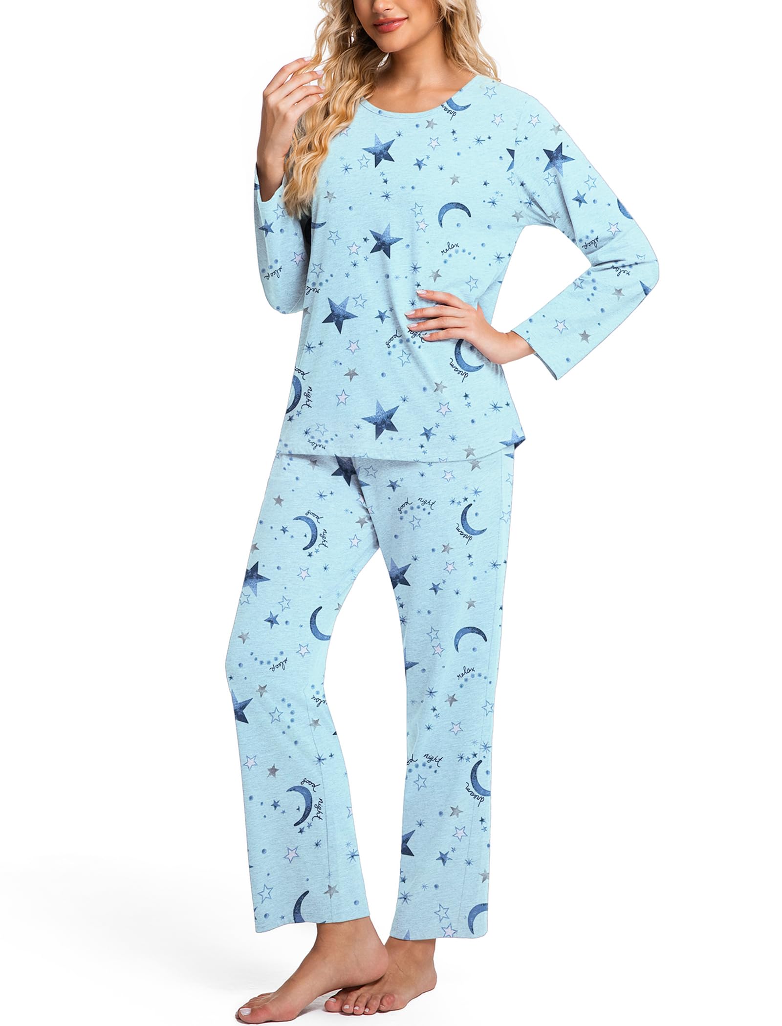 View 1 of ** RUNS SMALL*** ENJOYNIGHT Womens Pajama Set Cotton Long Sleeve Pjs Two Piece Sleepwear with Pockets (X-Large, Star)