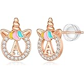 Unicorn Earrings for Girls Kids, Sterling Silver Post Earrings Unicorn Earrings for Girls Hypoallergenic Initial Earrings for Girls Kids Toddler Little Girls Gifts Christmas Gifts for Teen Girls