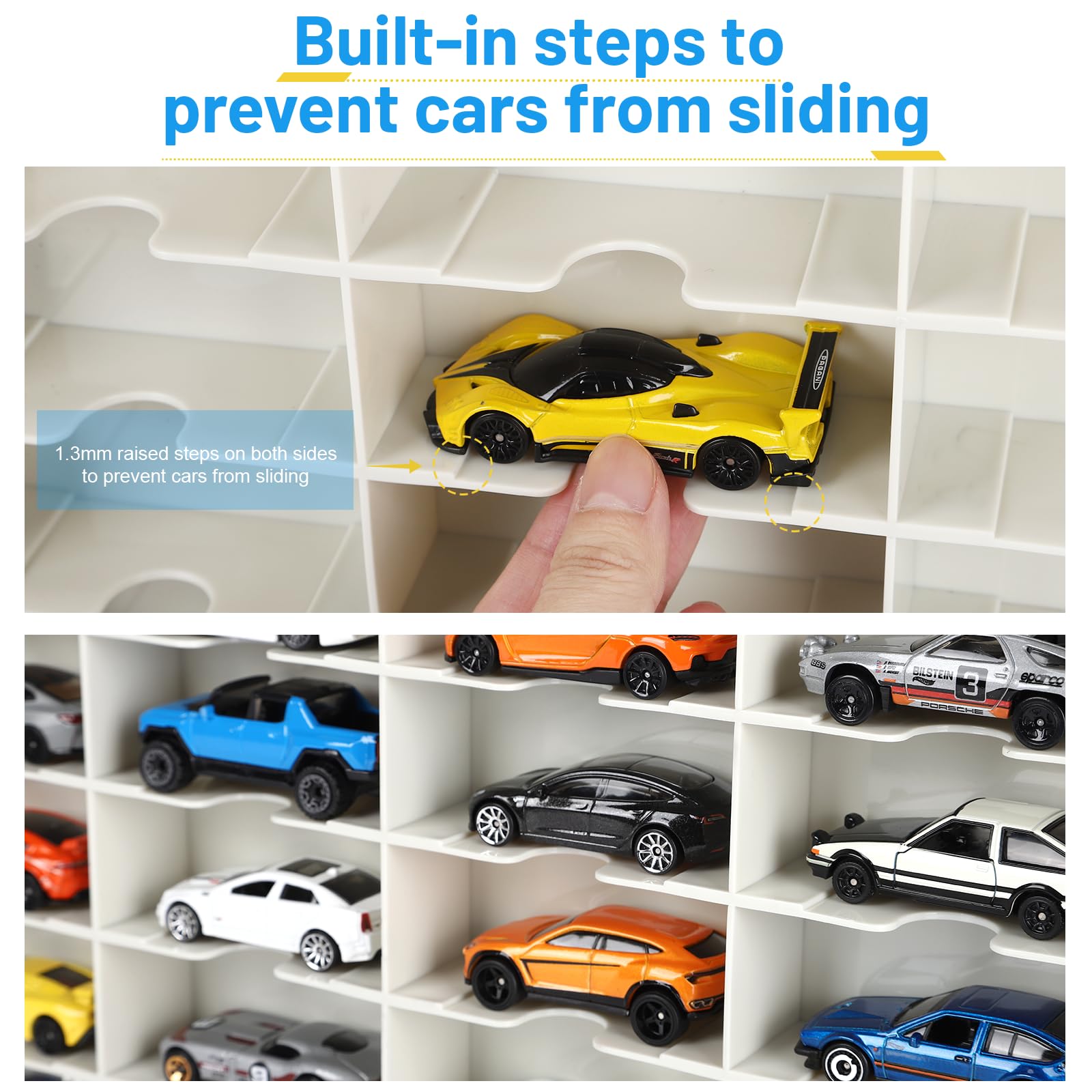 Storage Case for Hot Wheels - Carrying Display Case for 1/64 Scale Toy Cars, 48-Slot Double-Sided Transparent Organizer with Built-in Steps Prevent Sliding & Adjustable Dividers