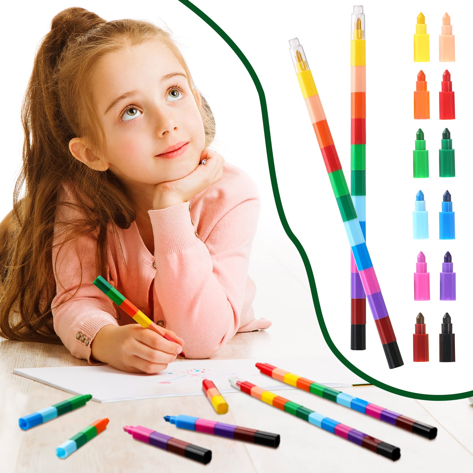 Leinuosen 12 Pieces Colorful Stacking Crayons Stackable Buildable Crayons for School Office Supplies, 12 Colors