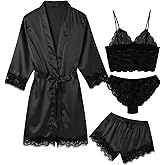 ESKTJH Women's Pajama Satin Sexy Lingerie Robe Set 4Pcs Pjs Silk Sleepwear Lace Cami Shorts Loungewear
