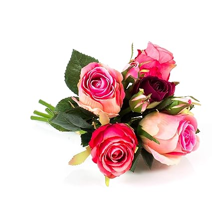 Artplantsde Bouquet De Roses Artificielles Mini Molly 5 Roses 3 Boutons Rose Fuchsia 25cm ø 15cm Bouquet De Fleurs En Tissu