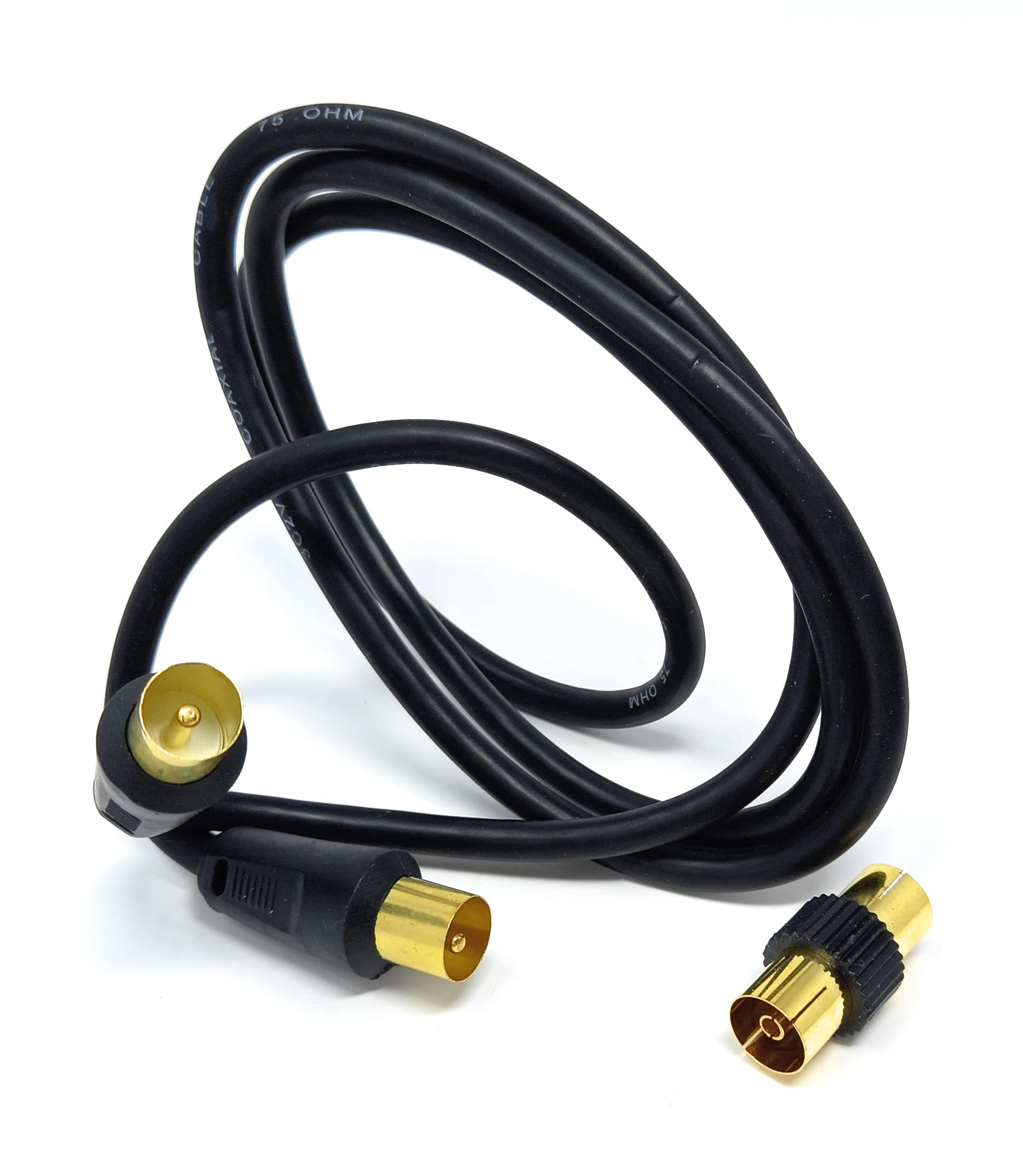 DRUT 1m TV RF Male to Male Aerial Antenna Coaxial Cable With Female to Female Coupler, Gold Connectors 75 ohm, 3C2V 3.3ft Black