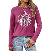 Womens Hiking Mountain Shirt Nature Sunrise Funny Pine Tree River Graphic T Shirt Long Sleeve Workout Tee Top