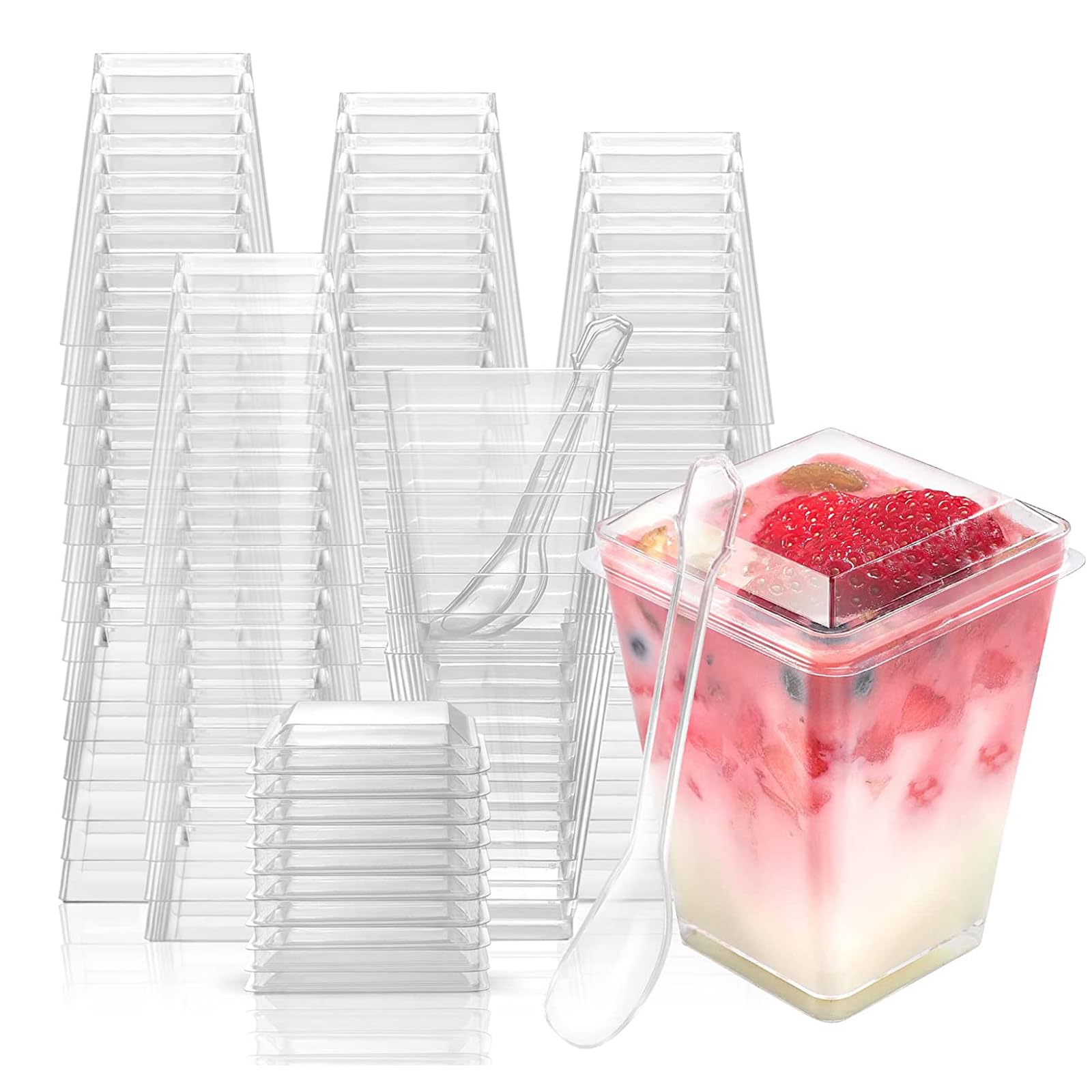 PALUDO 150ml Mini Dessert Cups with Lids and Spoons, 50 Pack Reusable Clear Square Plastic Dessert Cups, Cheesecake Pots, Multi-use Serving Dessert Bowls for Party Supplies