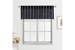 RoomTalks Black Boho Kitchen Valances for Windows, 18’’L x 52’’W Gothic Moody Striped Farmhouse Vintage Country Cottage Textured Tassel Curtain Valances for Bathroom Living Room