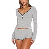 REVETRO Womens Sexy V Neck Pajama Sets Spring Long Sleeve Lounge Sets 2 Piece Crop Top PJ Shorts Y2k Pajamas