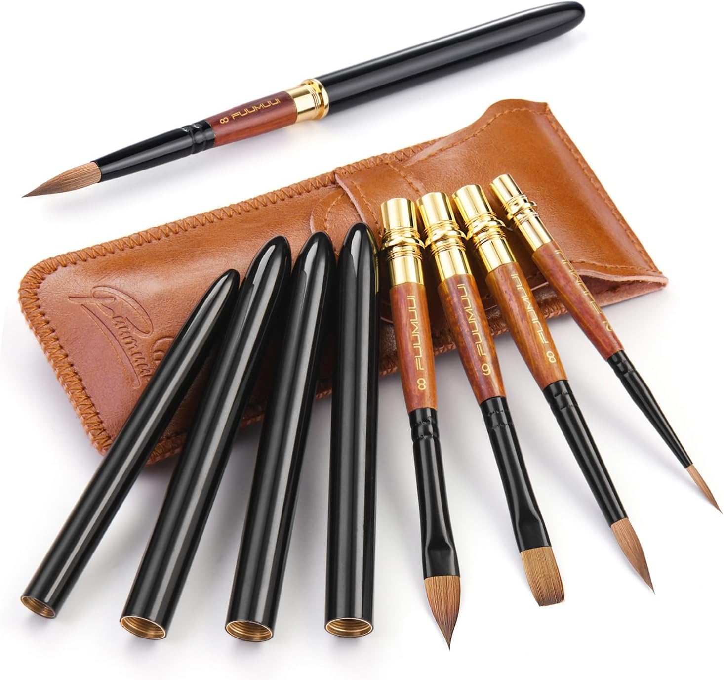 Sable Travel Watercolour Brushes 4pcs, Fuumuui Elegant Kolinsky Sable Travel Brushes Kit with Leather Pouch Perfect for Watercolor Gouache Ink Painting