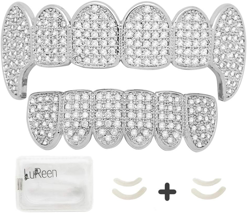 Gold Teeth Grillz Pave CZ Vampire Fangs Grillz for You Teeth with 4 Silicon Molding Bars(2 Extra)