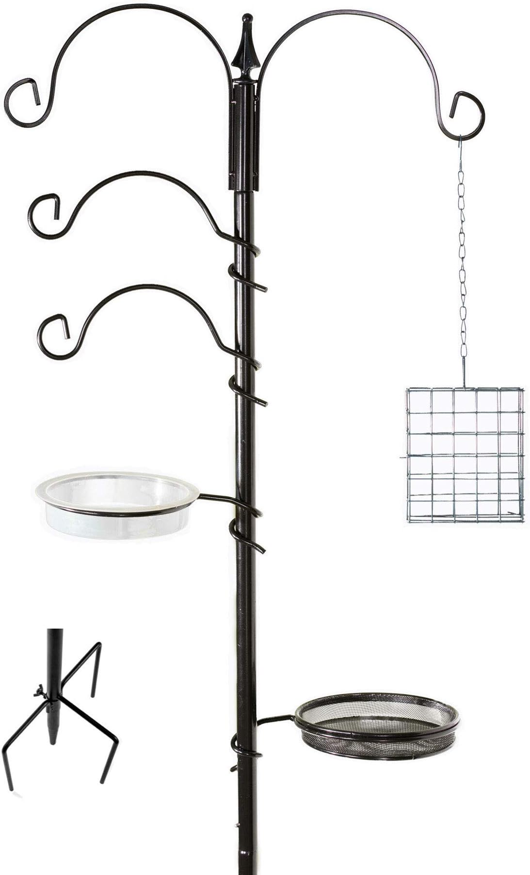 Floor Effects Deluxe Wild Bird Feeding Station Kit - 92" Tall (81" Above Ground) - with Bird Bath, 3 Prong Base, Hooks and Hanging Suet Cage - Premium Bird Feeder Stand for Garden, Patio, Backyard