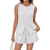 BMJL Womens Summer Outfits 2 Piece Vacation Short Sets Linen Button Down Matching Sets Vest and Shorts Sets