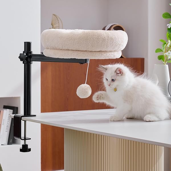 BYBYME CAT DESK BED FOR INDOOR CATS, KITTY BED FOR DESK SUPPORTS 44 LBS, 360° ROTATION & ADJUSTABLE, SOFT CAT NEST DESKTOP WITH HANGING BALL FOR OFFICE DESKS HOME TABLES, 12″ IN DIAMETER（WHITE）