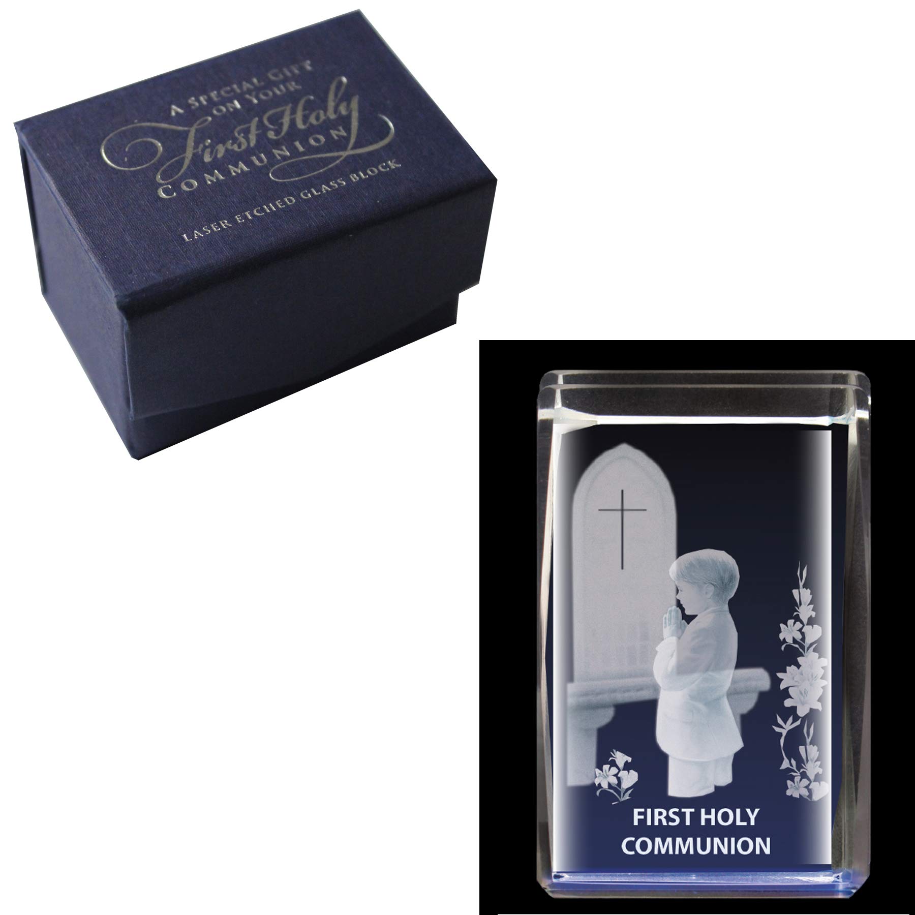 Boy Holy Communion Lazer Cut Engraved 3D Image Crystal Block Paperweight