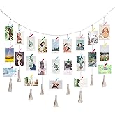 QXUJI Hanging Photo Display, Macrame Wall Hanging Pictures Holders with 20 Wood Clips, Boho Collage Picture Frame for Wall Decoration, for Rustic Country Decor, Home, Office, Nursery Room