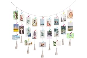 QXUJI Hanging Photo Display, Macrame Wall Hanging Pictures Holders with 20 Wood Clips, Boho Collage Picture Frame for Wall Decoration, for Rustic Country Decor, Home, Office, Nursery Room