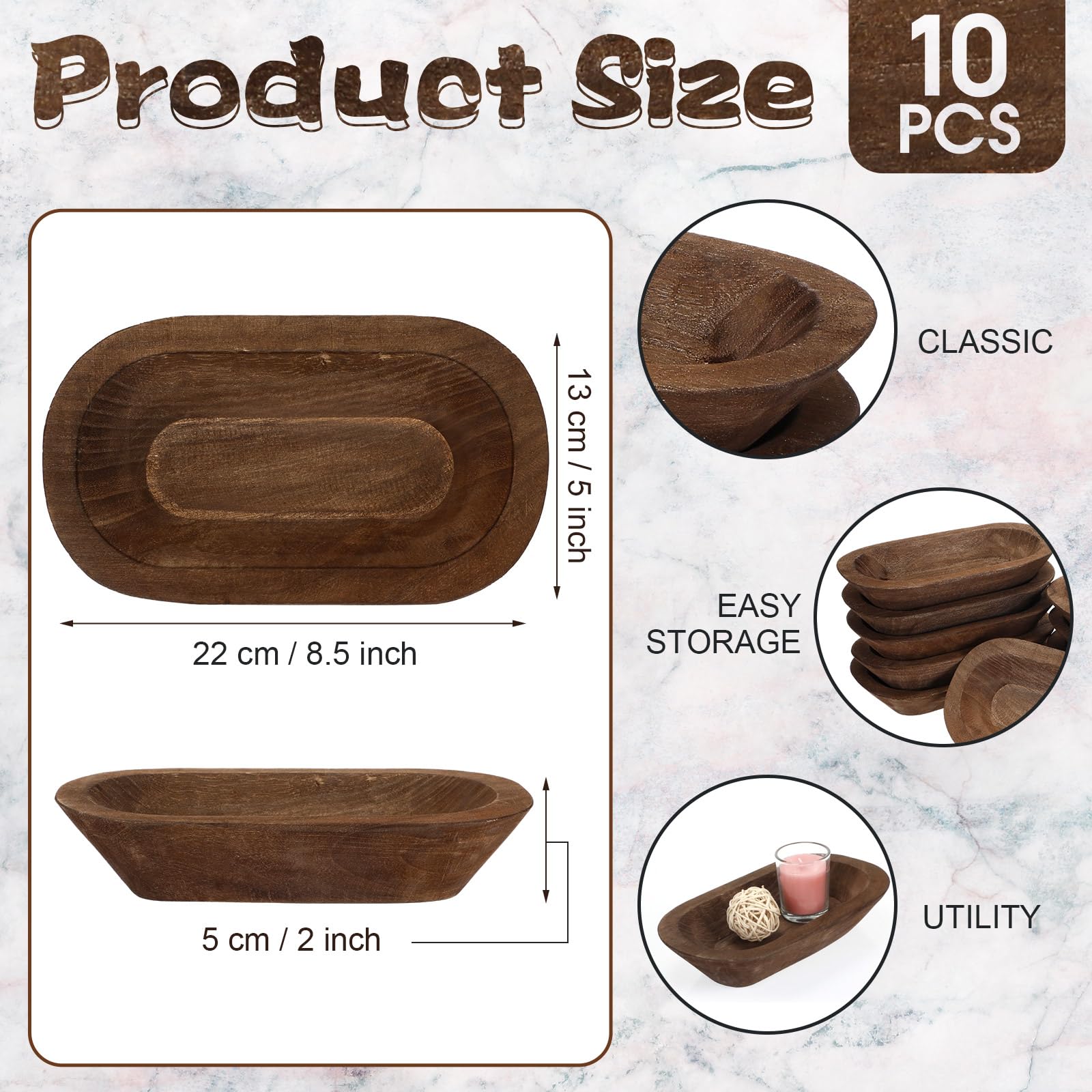 Nuogo 10 Pack Wooden Dough Bowls Bulk Rustic Dough Bowls for DIY Candle Home Crafts Making Farmhouse Fruits Supplies Decoration(8.5 Inches,Brown) - Image 2
