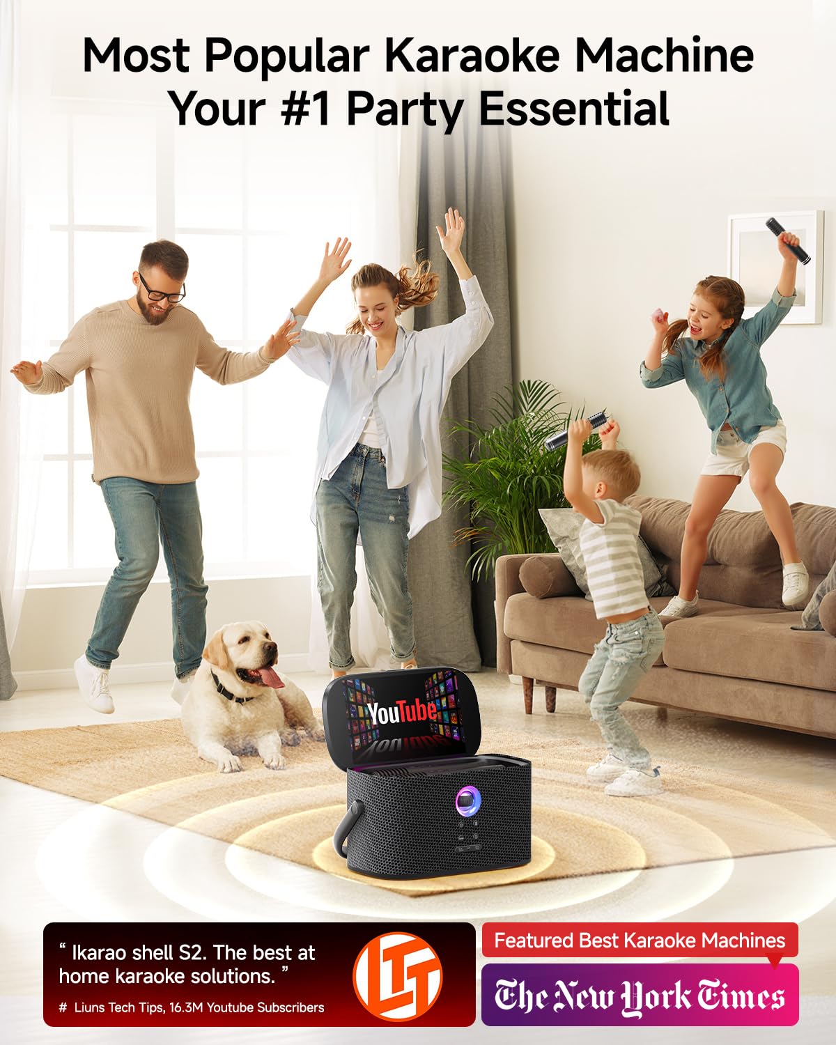 Ikarao Portable Karaoke Machine for Adults, Built-in Lyrics Display and Screen, 2 Self-Charging Wireless Microphones, Karaoke App, 140W Speaker, Connects to TV for Home Party Birthday Outdoor Camping