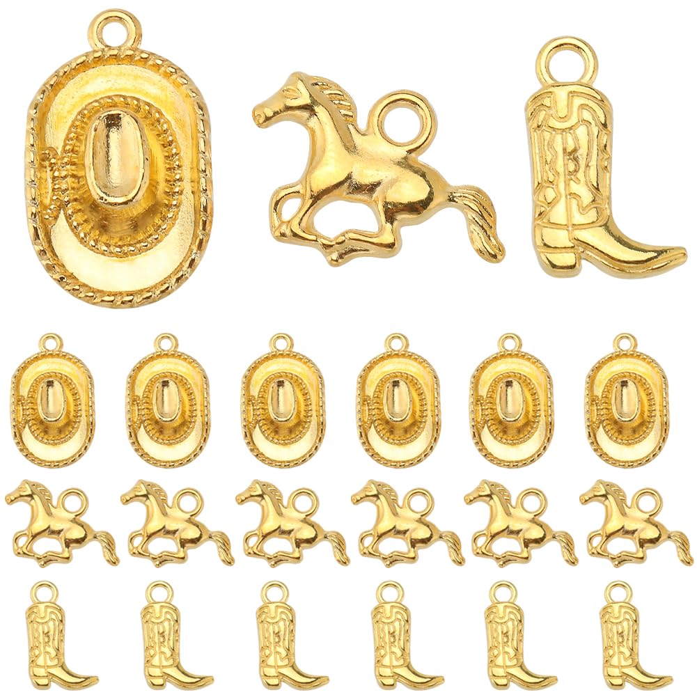 SUNNYCLUE 1 Box 90Pcs Western Cowboy Charms Tibetan Style 3D Miniature Cowboy Cowgirl Hat Charm Golden Horse Charm Double Sided Boot Shoe Charms for jewellery Making Charms DIY Keychain Craft Supplies