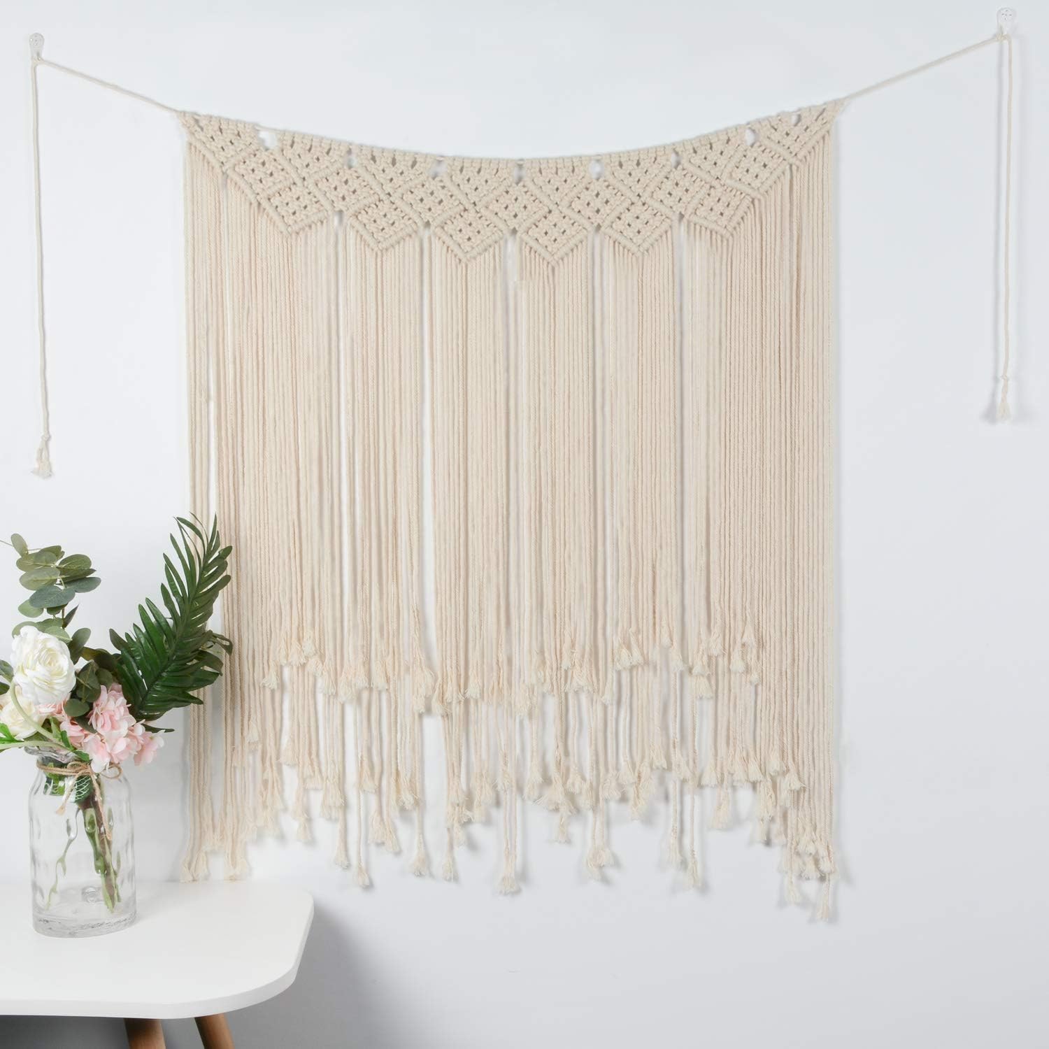 GOLDWAY Macrame Wall Hanging - Curtain Fringe Garland Banner Boho Wall Decor - Woven Home Christmas Decoration for Apartment Bedroom Living Room Gallery Nursery -Beige, 33.5" W x 42" L
