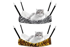 Jetec 2 Pieces Reversible Cat Hanging Hammock Soft Breathable Pet Cage Hammock with Adjustable Straps and Metal Hooks Double Sided Hanging Bed for Small Dogs Rabbits(Zebra, Tiger Stripes,M)