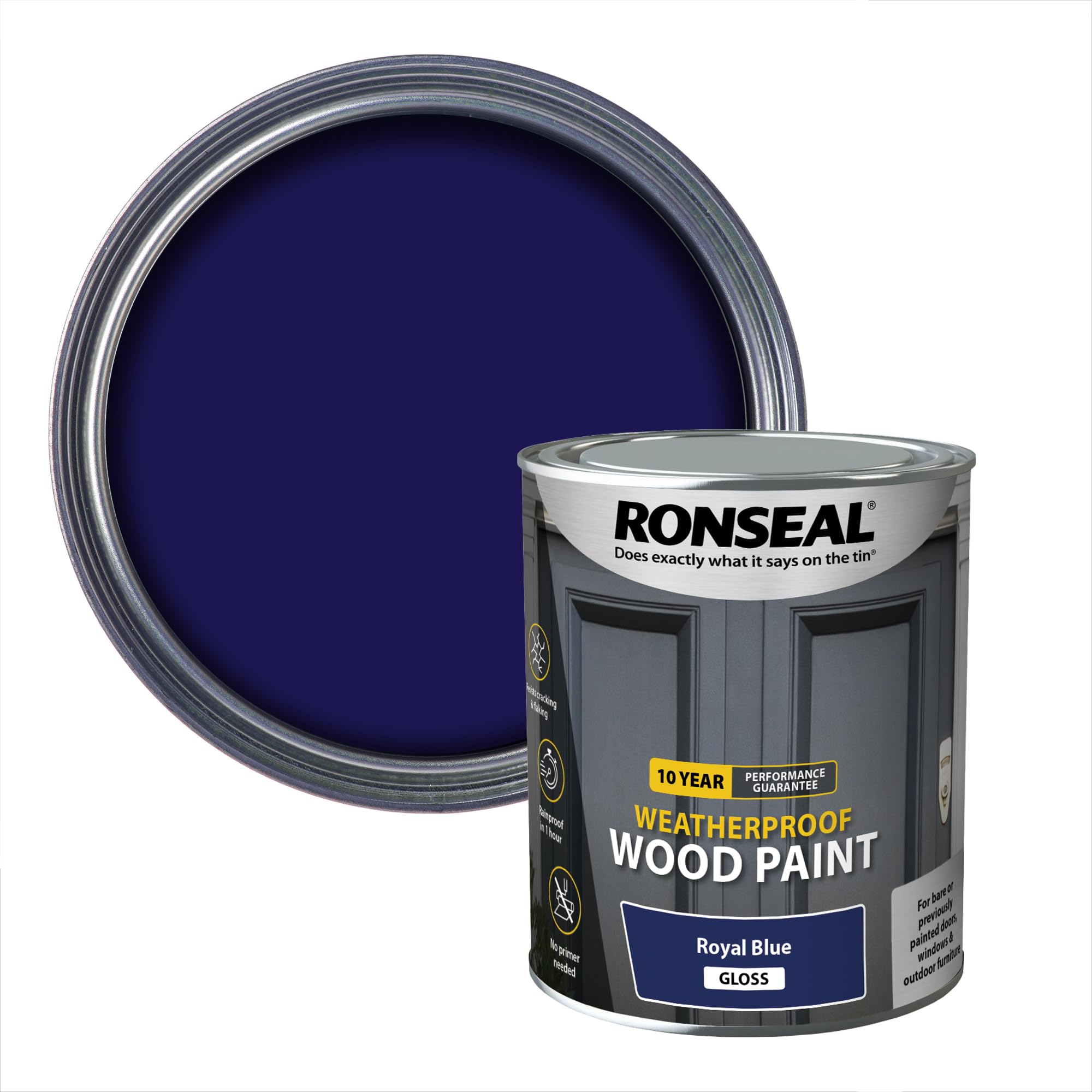 Ronseal 10 Year Weatherproof 2 in 1 Wood Paint Royal Blue Gloss 750ml