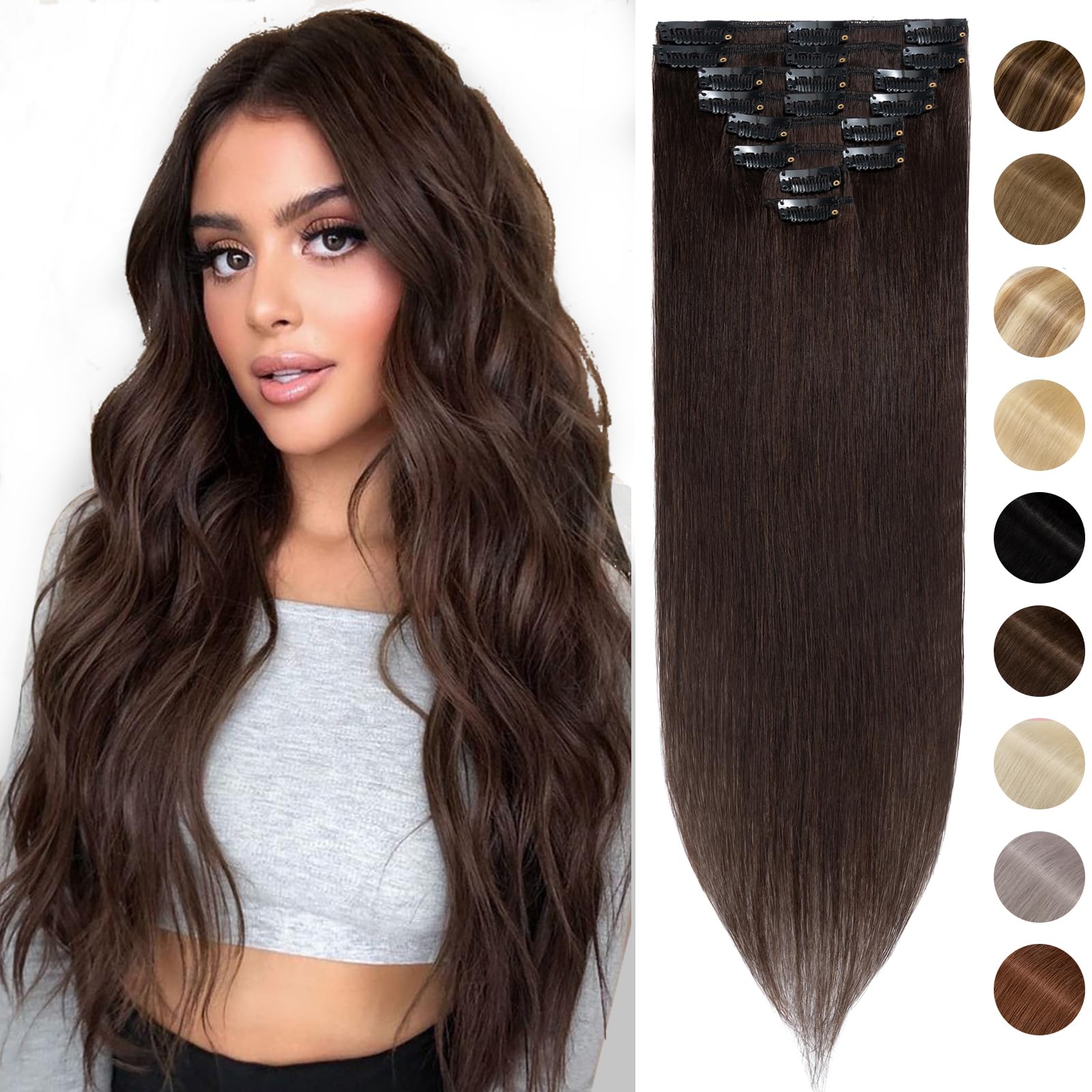 Silk-co Hair Extensions Clip in Hair Extensions Real Human Hair 8 PCS 100% Remy Straight Hair Extension Basic Thickness-Thin Weft(10"-50g, #02 Dark Brown) — image 1