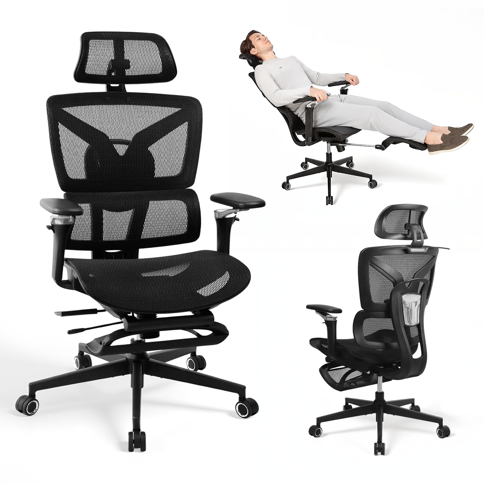 Rieior Ergonomischer Bürostuhl Große und Schwere mit Fußstütze, 5D Verstellbare Armlehnen, Lendenstütze, Netz-Rückenlehne, Verstellbare Sitztiefe, Drehbarer Gaming Stuhl Schwarz
