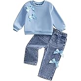 Afunbaby Toddler Girl Outfits Baby Sweatshirt 3T 4T Girls Jeans Bow Decorated Shirt Denim Pants Valentines Clothing Set