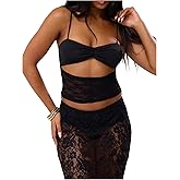 SOLY HUX Women's Lace Cut Out Cami Crop Top Ruched Spaghetti Strap Y2k Party Club Tops