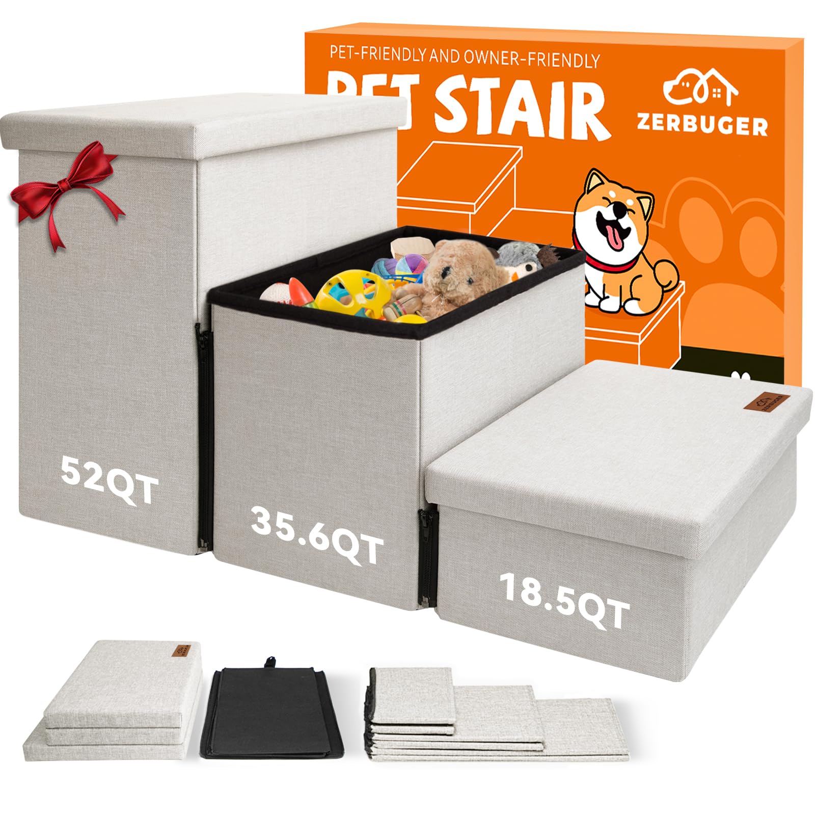 Photo 1 of Dog Stairs with Storage 17.5" H, 3-Step Wider Dog Steps for Small/Medium/Large Dogs Cats, Folding Sturdy Pet Stairs Climbing Bed or Sofa, Dog Ramp for Car Hold Up to 200 lbs (Beige Gray, No Condo)