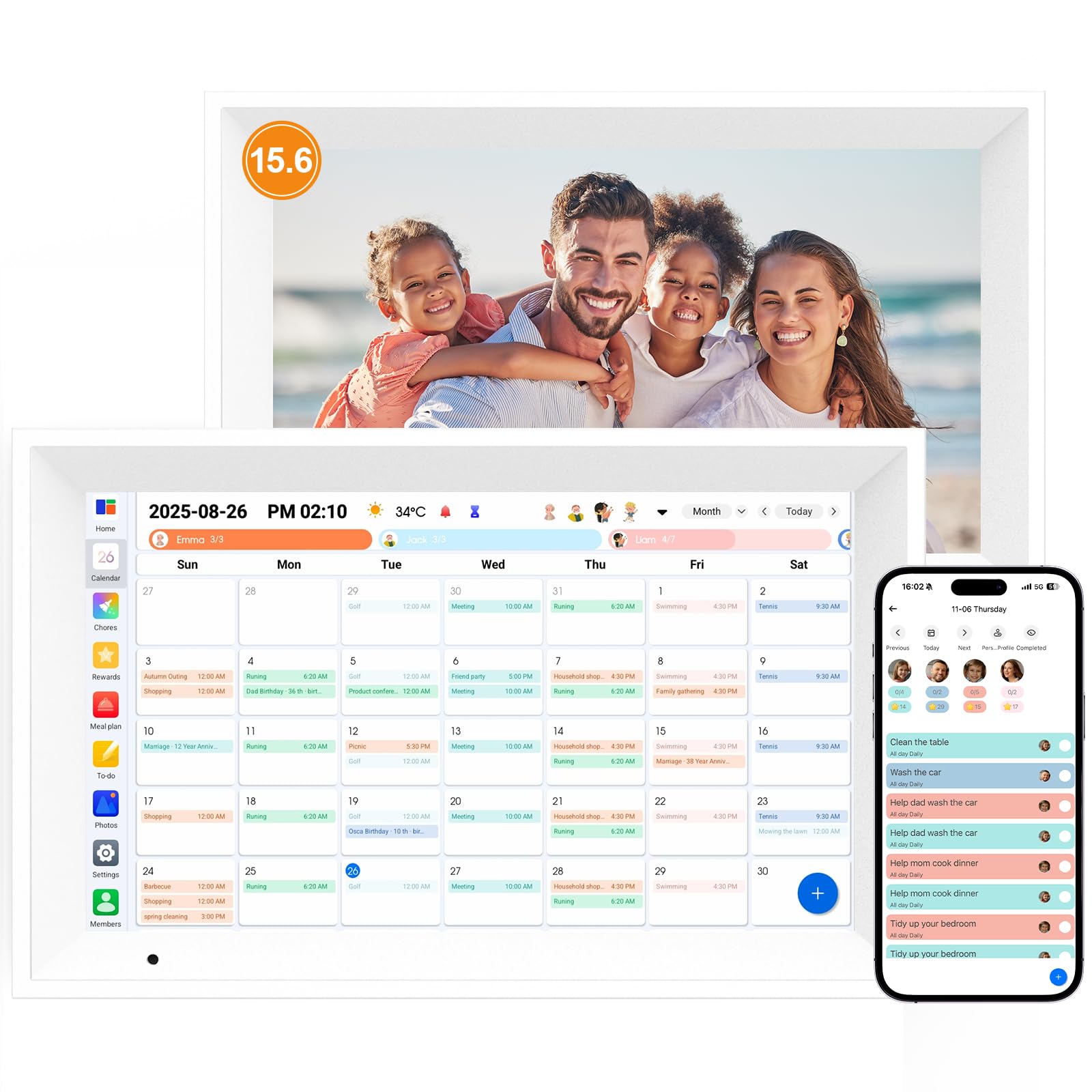 Linkdaze Digital Calendar 15.6" Digital Wall Planners for Family Schedules, Electronic Calendar with 1920*1080 Interactive Touchscreen, Digital Photo Frame Built-in 64GB Memory, Smart Calendar-White Image