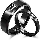 2pcs His Queen and Her King Couple Rings Set, Titanium Steel Matching Promise Wedding Engagement Band for Couples (Black, Gold)