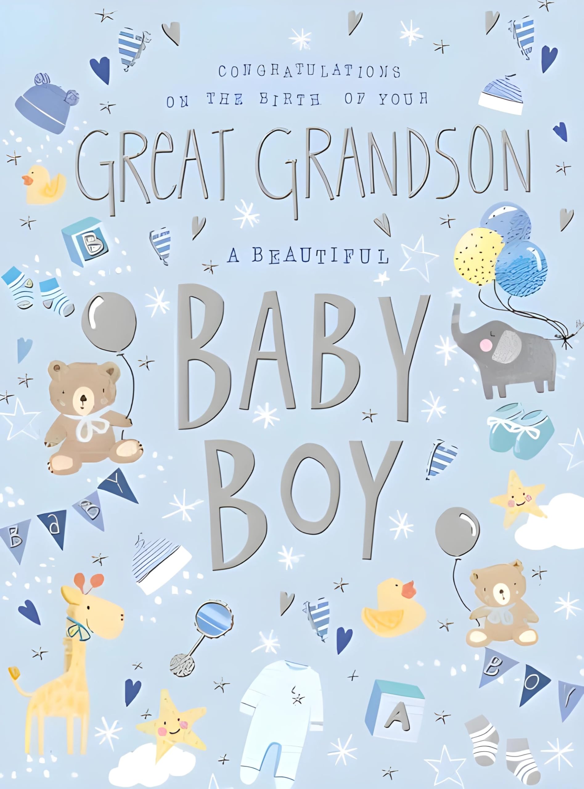 Noel Tatt New Baby Boy Great Grandson Congratulations Card - Birth Congratulations Card with Teddy Bears and Balloons Artistic Design by Jo Spicer