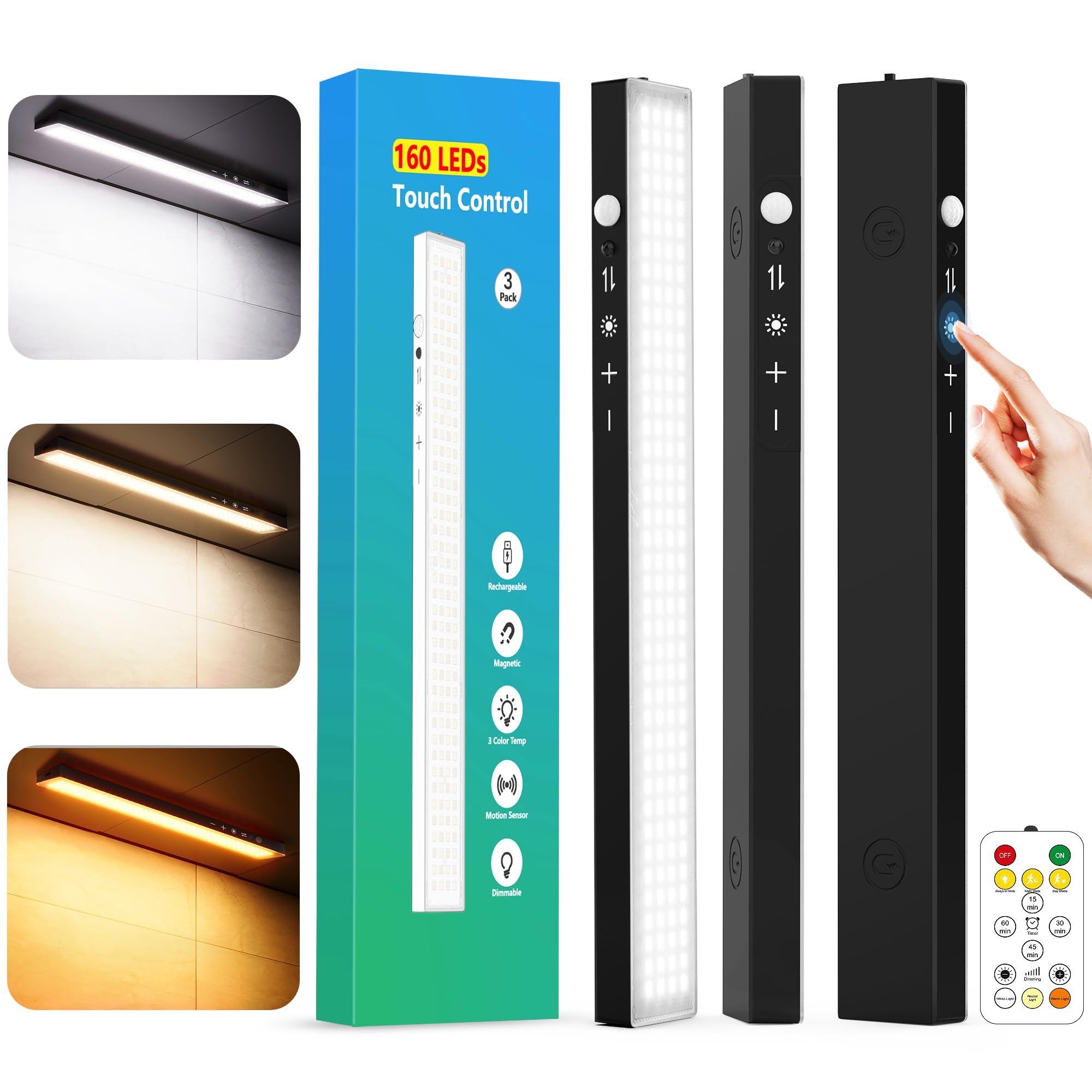 Photo 1 of 3Pack Touch Control Under Cabinet Lighting, 160LED Super Bright, 4000mAh Long-Lasting, Magnetic Rechargeable Motion Sensor Under Counter Lights for Kitchen, Closet, Remote, Dimmable, 3CCT?Black