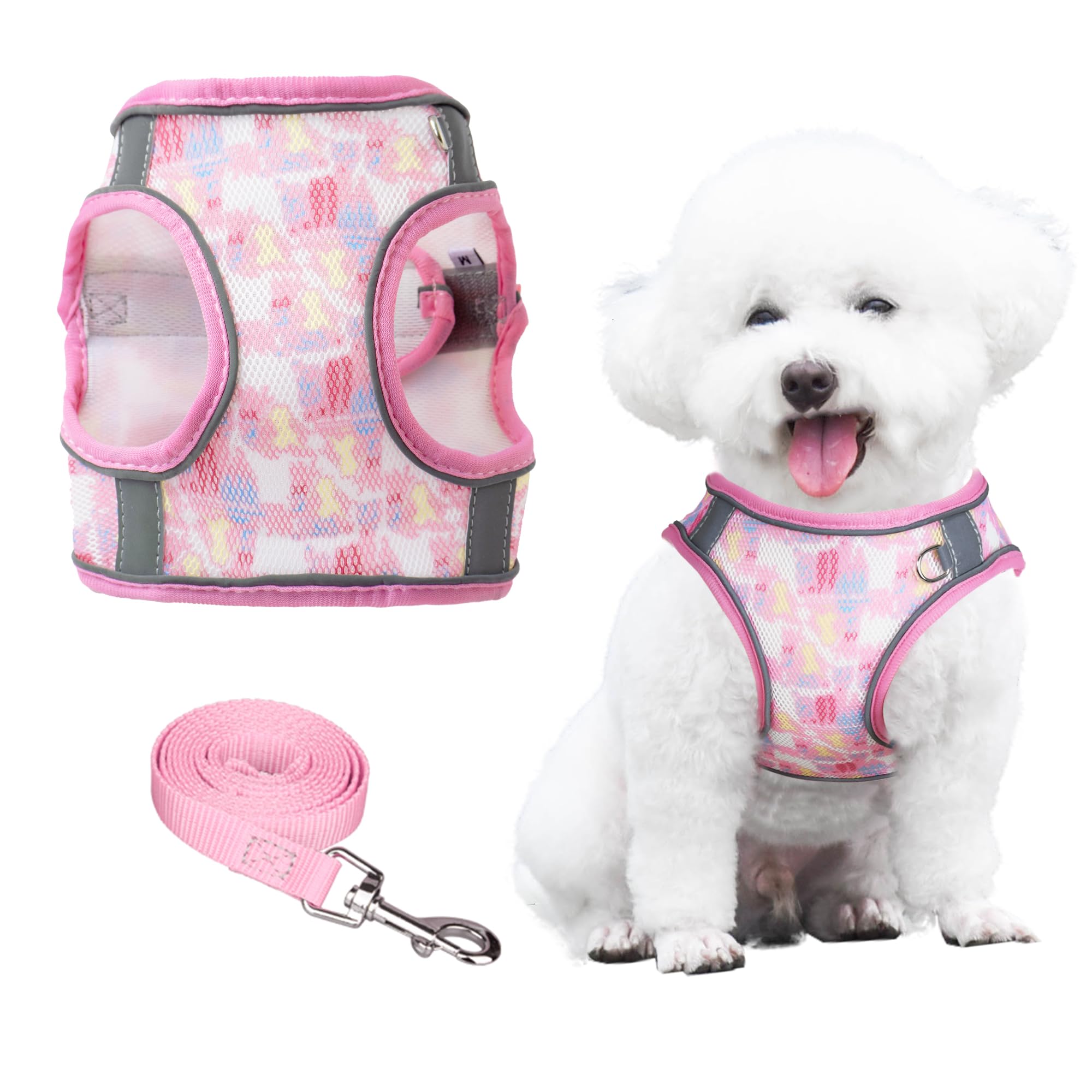PawSailor No Pull Dog Harness and Leash Set, Step-in Floral Print Adjustable Breathable Mesh Pet Harness, Reflective Soft Padded Dog Vest for Small Dogs Pink XXS