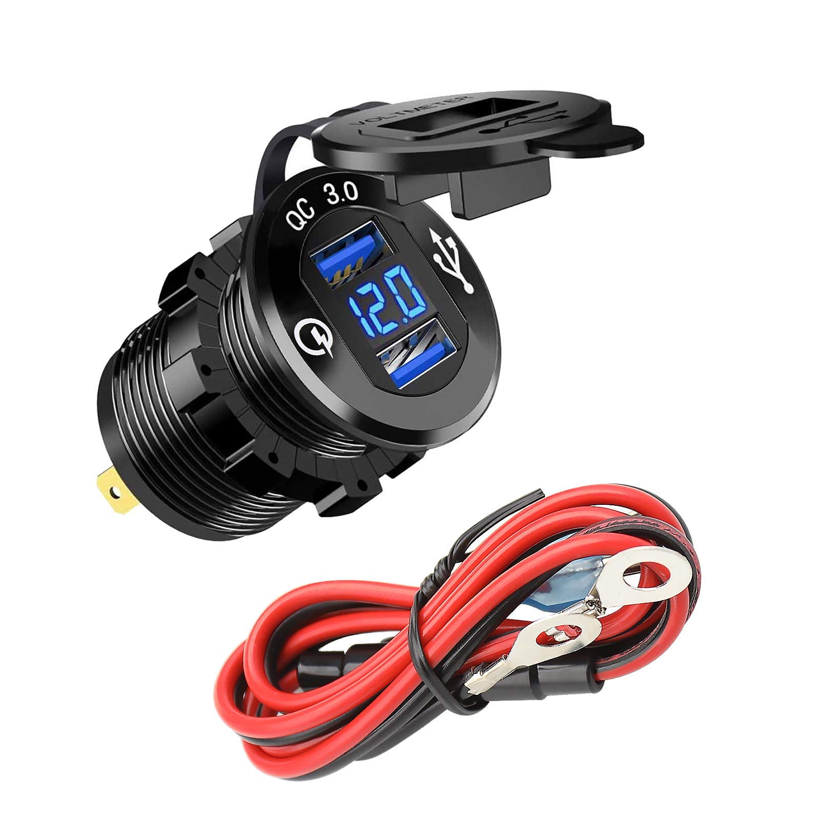 Be In Your Mind 12-24V Dual QC 3.0 USB Port Car Fast Charger Twin USB Socket LED Voltage Display Indicator with Cable for Cars Motorhomes Boats