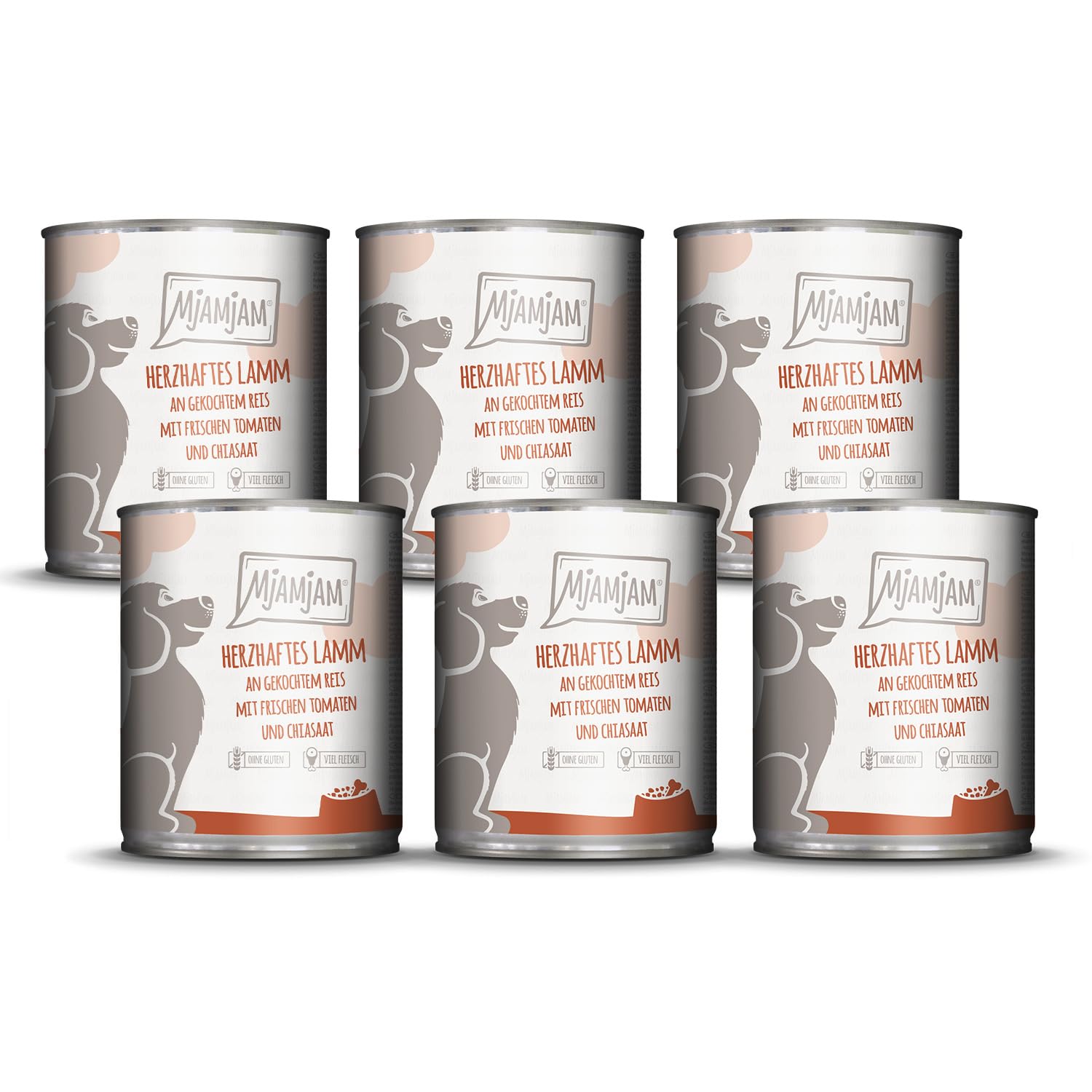 MjAMjAM - premium wet food for dogs - hearty lamb on boiled rice with fresh tomatoes, pack of 6 (6 x 800 g), natural with extra meat