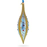 Blue and Gold Jeweled Vine Elongated Pointed Teardrop Finial Glass Christmas Ornament