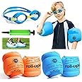 Arm Floaties for Kids,Swim Trainer Floaties and Kid's Swimming Goggles with Anti-Fog and Anti-UV(4 Pack),PVC Arm Floaties Inflatable Swim Arm Bands Floater Sleeves Children's Swimming Ring