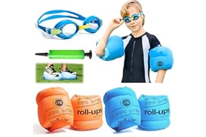 AOEOUN Arm Floaties for Kids,Swim Trainer Floaties and Kid's Swimming Goggles with Anti-Fog and Anti-UV(4 Pack),PVC Arm Floaties Inflatable Swim Arm Bands Floater Sleeves Children's Swimming Ring