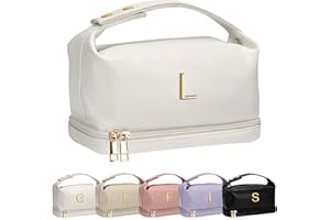 Vogewood Bridal Gifts, Travel Makeup Bag, Personalized Double Layer Cosmetic Toiletry Bag White Makeup PU Bag Letter Bride Purse Waterproof Portable Zipper Wedding Bridesmaid Gift