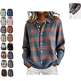 Women's Plaid Print Casual Cotton Buttoned Cardigan Sweater, Knitted Winter Plaid Cropped Cardigan Sweater