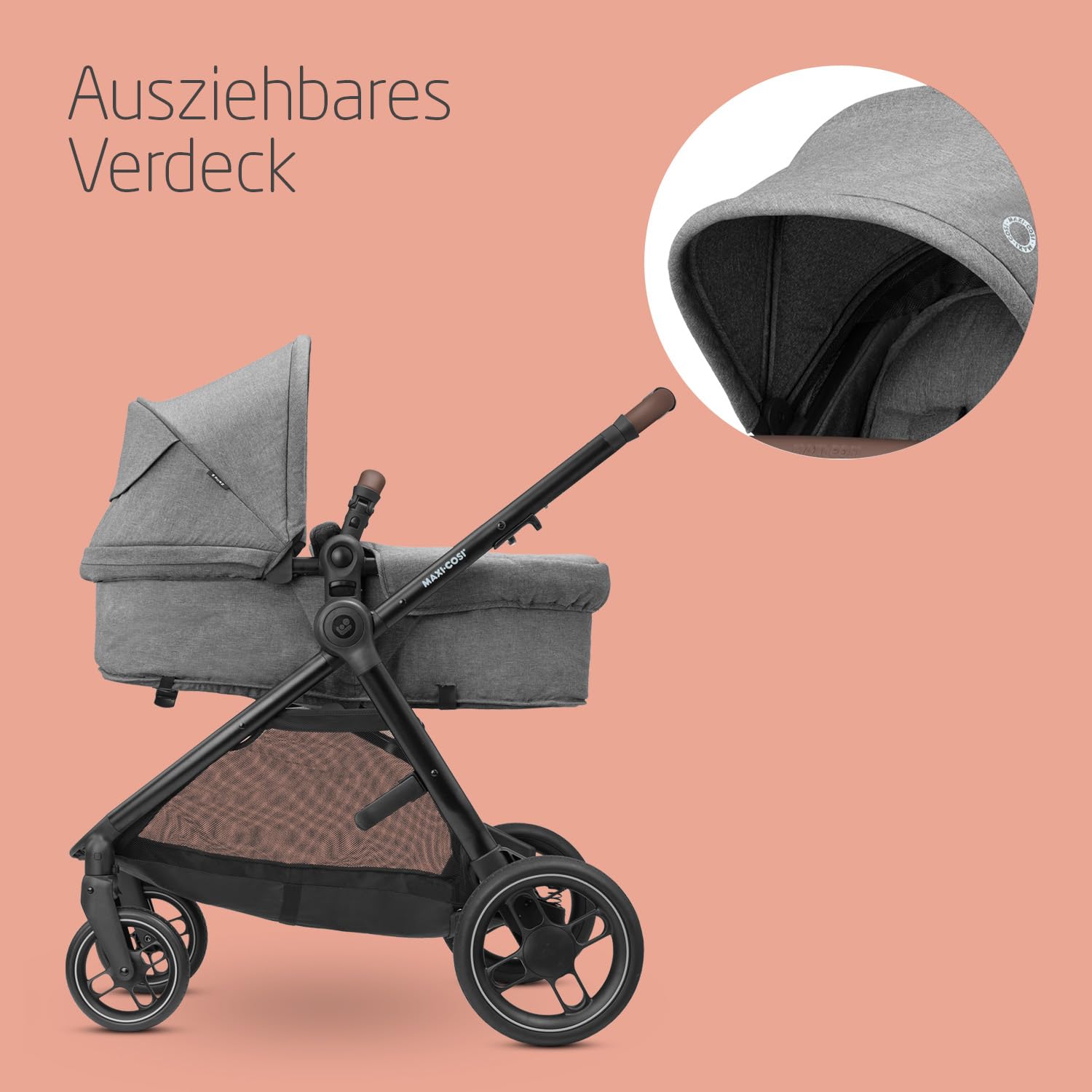 Maxi-Cosi Zelia S Trio Kinderwagen 3 in 1 Komplettset, 0-4 Jahre, bis 22 kg, Zusammenklappbar, Kompakt, Verstellbarer Baby Kinderwagen, mit CabrioFix S i-Size Babyschale, Zubehör, Wickeltasche, Grau 7