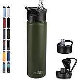 HASLE OUTFITTERS Insulated Water Bottle 22 oz Double Wall Stainless Steel Water Bottle Wide Mouth with Straw Lid & Spout Lid Keeps Cold or Hot(Army Green,1)