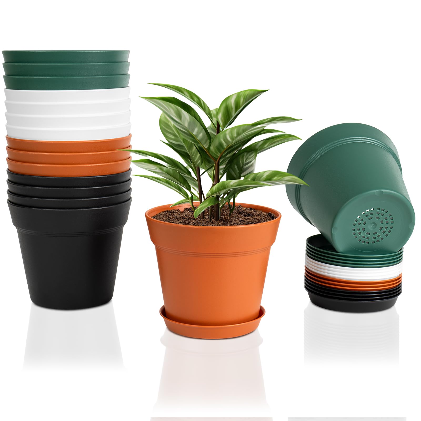FORAGIFT 15cm Plant Pots, 16 Pack Plastic Herb Pot with Drainage Hole and Tray, Seed Seedling Pots Flower Nursery Pots for Vegetables, Flowers, Cactus, Cuttings, Succulent, Colourful