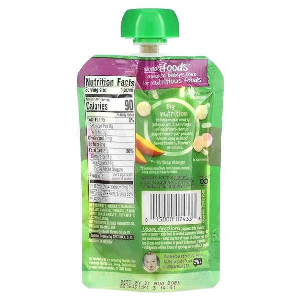 GERBER ORGANIC BABY FOOD POUCHES, 2ND FOODS FOR SITTER, WONDERFOODS, BANANA MANGO, 3.5 OUNCE