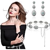 Newtay 3 Pieces Western Jewelry for Women Western Turquoise Concho Chain Belts Boho Waist Belt Silver Metal Belt for Dress and Vintage Turquoise Dangle Earrings Drop Statement Post Earrings