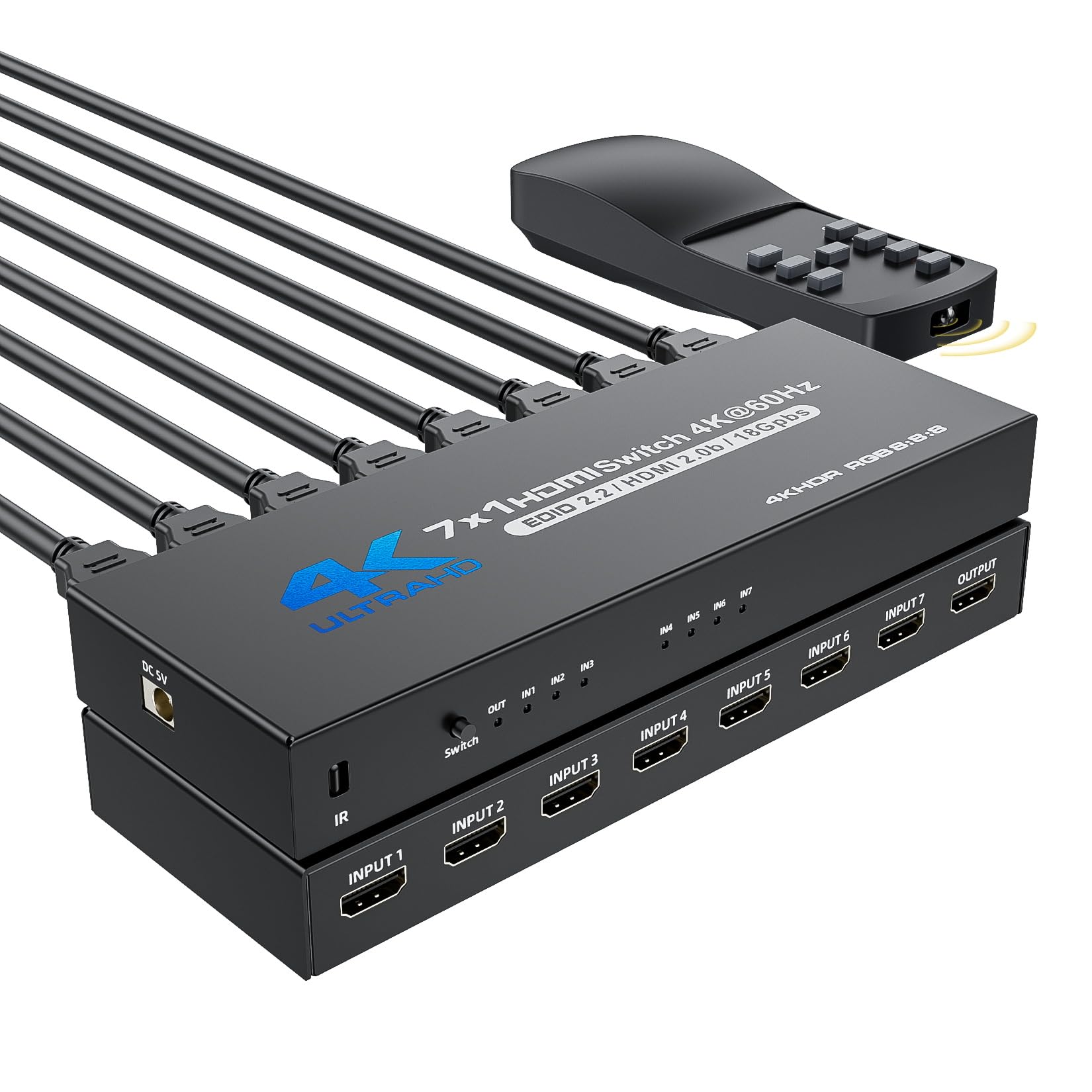 HDMI Switch 7 in 1 Out 4K@60Hz, BolAAzuL 7X1 HDMI Video Switcher Selector with Remote for 7 Inputs, Support 3D, HDCP2.2, HDR for PS5, Xbox Series X, HDTV, PC